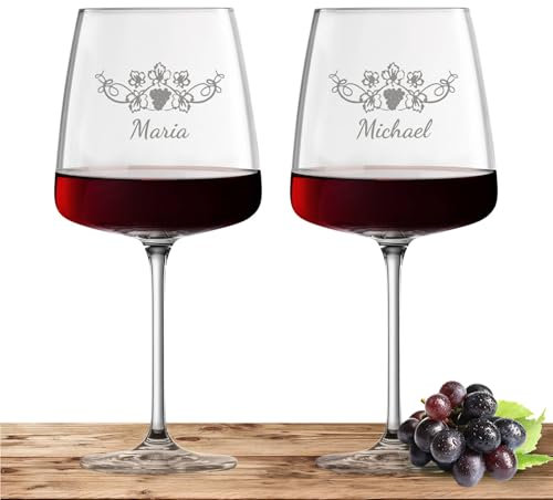 2X Schott Zwiesel Rotweinglas 710ml mit Namen oder Wunschtext graviert - Vivid Senses - Weingläser als personalisiertes Geschenk für Paare, Eltern oder zur Hochzeit - Motiv (Weinrebe)