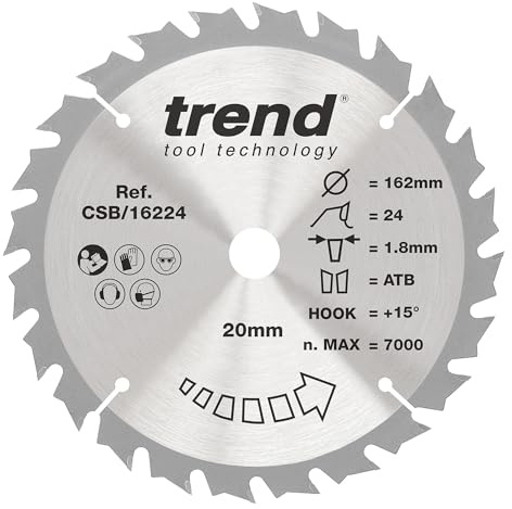Trend 162mm Wood Cordless Circular Saw Blade, 20mm Bore, 24T, TCT | For Fast, Clean Wood Cutting On Cordless Saws, With 24 Teeth, 1.8mm Kerf, +15° Hook Angle, CSB/16224