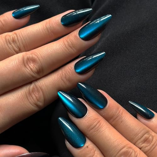 Faux Ongles Court MouyouGlow,Amande Unicolore Bleu Foncé Cat Eye Magnetic Halloween Œil de Chat Press on Nails avec Colle à Ongles,Dark Blue Phototherapy Fake Nails