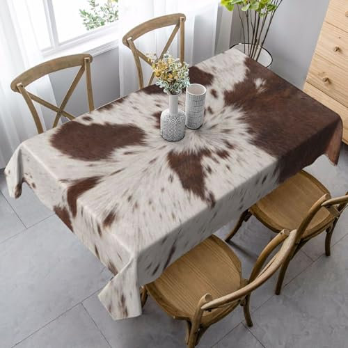 Rechteckige Tischdecke aus Polyester, staubdicht, knitterfrei, für Esszimmer, Partys im Innen- und Außenbereich.Kuh Kuhfell Druck