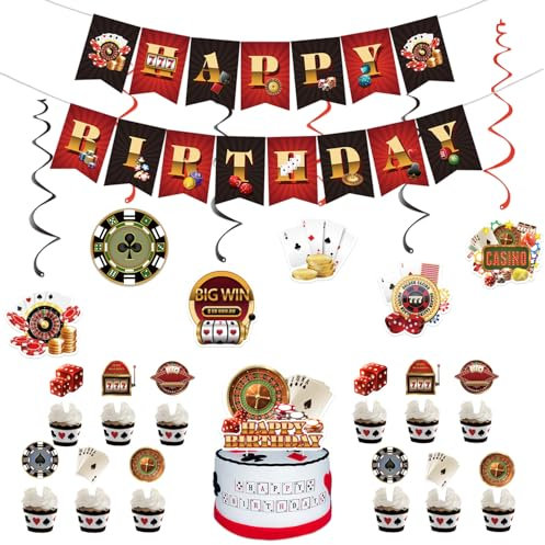 Kiyanest Casino-Geburtstagsdeko-Set – Happy Birthday Banner, Kuchentopper, Hängespiralen & Cupcake-Topper – Perfekt für Casino-Partys & Poker-Nächte