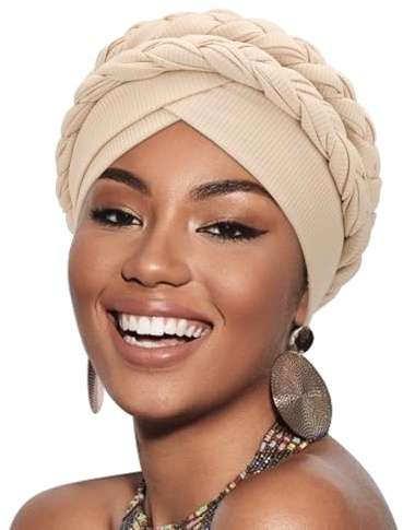 DRESHOW Afrikanischer Damen Turban Doppelt Geflecht Kopfbedeckung Kopftücher Chemo Kappe Vorgebunden Beanie Mütze Kopfwickel Schlafmütze