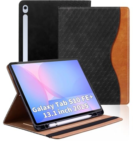 Vkooer Case for Samsung Galaxy Tab S10 FE+ Plus 13.1 Inch 2025 PU Leather Multi-Angle Viewing Folio Case Protective Stand Cover with Front Pocket and Fixing Band for Galaxy Tab S10 FE+ Plus, Black