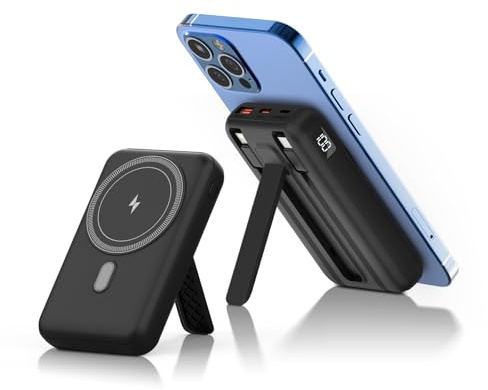 JVGoal Magnetic Power Bank 10000mAh 22.5W PD Fast Charging 5 Outputs Portable Charger with Built-in Cables Wireless Phone Charger Compatible with iPhone 17/16/15/14/13/12 Series (Black)
