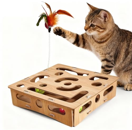 DBAILY Katzenspielzeug, Katzenspielzeug Selbstbeschäftigung, Katzenspielzeugs Holz, Katzen Intelligenzspielzeug, Interaktives Katzen Spielzeug mit Federn