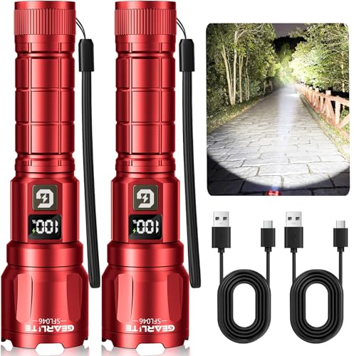 GEARLITE Taschenlampe LED Aufladbar, 3 Lichtmodi 6000L Superhelle Zoombares Taschenlampen mit LCD Batterie Display, IP65 Wasserdichte & XHP70.2 Taktische Handlampe für Camping Angeln, Notfäll (2, Rot)