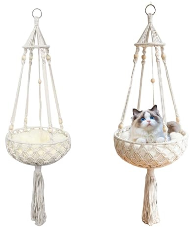 Katzenschaukel I Katzenhängebett I Hängematte I Hamock I Katzen Hängeschauckel I Hängeschaukel Handgeknüpft Makramee-Katzenbett,Hängende Katzennester (mit Kissen)