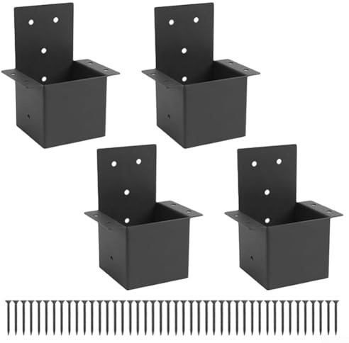 Lot de 4 supports de pergolas avec 44 clous et poteaux en bois de 10,2 x 10,2 cm, balustrades en métal pour tonnelle, tonnelle, connecteurs de terrasse, noir