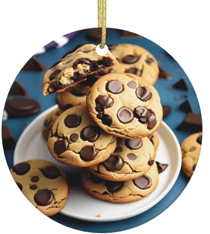 Galletas de comida con chispas de chocolate con estampado de galletas de árbol de Navidad de cerámica, adornos colgantes redondos, decoración de Navidad 2025