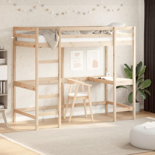 Mandloder Hochbett mit Schreibtisch 100x200 cm, Massivholz Kiefer Natur, Jugendbett Platzsparend, Sicher mit Schutzgitter, Funktionales Bettgestell für Kinder & Teenager