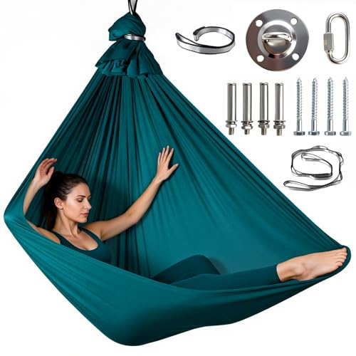 Aerial Yoga Hängematte Set, Nestschaukel, Aerial Yogas Swing Air Fliegen Anti-Gravity YogaSwing Yoga, Tragfähigkeit 200 kg, mit Karabiner, Befestigung, Nägel & Zubehör(Grün,150x280CM)