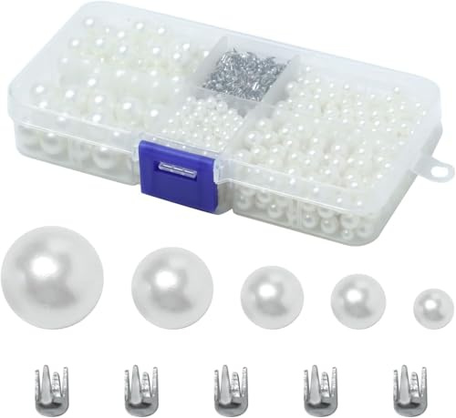Pearl Setting Machine Accessories,1400Pcs Pearl Beads Set with Rivet Studs Set, No Hole Imitation Round Pearls Beads for DIY Crafts and Decoration (5 Sizes)