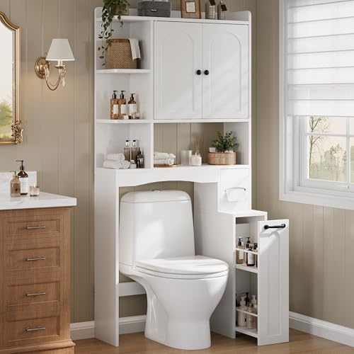 FEONASE Over Toilet Storage Unit with Pulley Small Storage Cabinet, Toilet Paper Holder, Doors & Adjustable Shelves, White Toilet Storage Cabinets Space-Saving Solution for Bathroom, Laundry