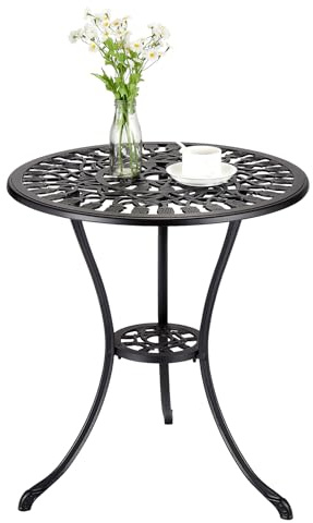 GarveeHome Mesa Bistró De Exterior Redonda De Aluminio Fundido con Orificio para Sombrilla, Mesa De Jardín Estilo Tulipán para Balcón, Terraza, Patio o Jardín, Negra