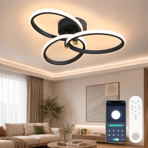 OTREN LED Deckenleuchte Dimmbar Deckenlampe Wohnzimmer mit Fernbedienung | 47 cm 40W Schwarze Wohnzimmerlampe 3000K–6500K mit Nachtlicht & Memory-Funktion für Schlafzimmer, Küche