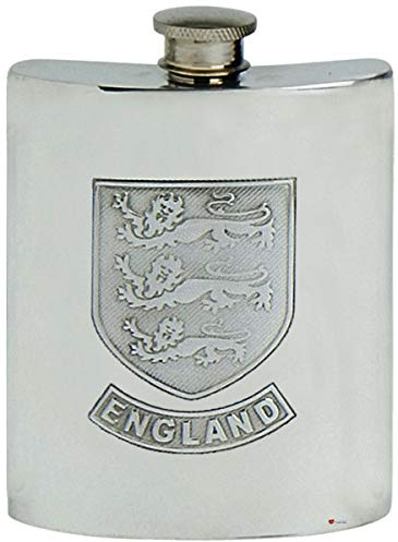Pewter Hip Flask 6oz English Three Lions Shield Screw Top Engravable on Back