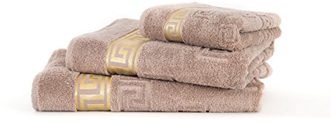 Arle-Living Luxus Medusa Handtuch 50x90 cm - Sahara/Beige/Hell Braun - Feinste Ringgarn Baumwolle/Jacquard Webung/Hochflor Frottee Mit Flachprägung und Goldener Bordüre