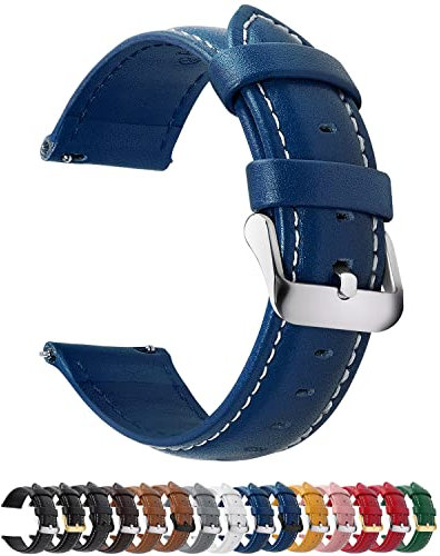 Fullmosa Watch Strap, Genuine Leather Watch Straps with Stainless Metal Clasp, Quick Release Replacement Bands, 14mm 16mm 18mm 19mm 20mm 22mm 24mm, Dark Blue