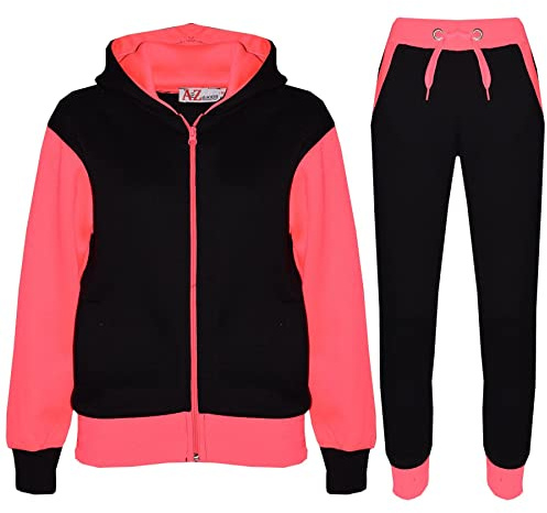 A2Z 4 Kids Girls Boys Tracksuit Plain Camouflage Contrast Fleece - T.S Plain 101 Neon Pink 13