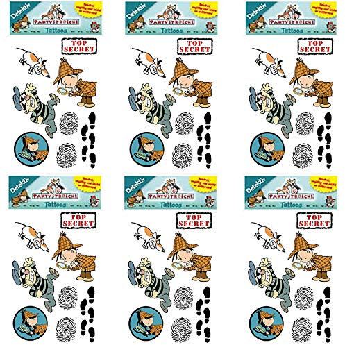 6-tlg. Tattoo-Set * DETEKTIV * als Mitgebsel zum Kindergeburtstag und Mottoparty | Kinder Kindertattoo Geburtstag Geschenk Lupe Sherlock Holmes Spion