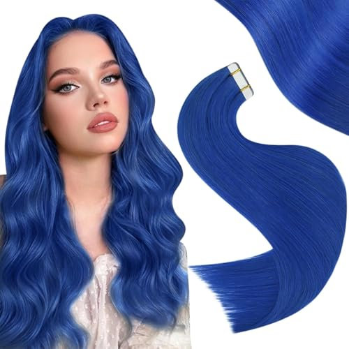 Easyouth Extension Tape in Echthaar Blau Tape in Extensions Echthaar 55 cm 25g Tape in Haarverlangerung Remy Blau Haar #Blue