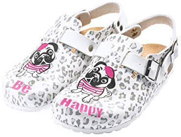 CLINIC DRESS Clog - Clogs Damen bunt weiß Motiv Lama oder Hund. Schuhe für Krankenschwestern, Ärzte oder Pflegekräfte weiß/grau/pink, Hund 41