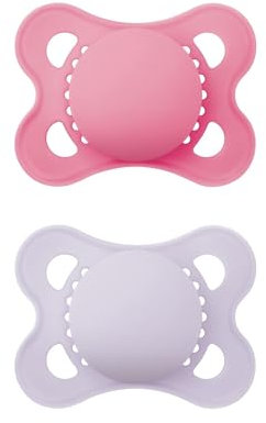 MAM Original Schnuller im 2er-Set, zahnfreundlicher Baby Schnuller aus nachhaltigen & bio-erneuerbaren Materialien, Sauger aus MAM SkinSoft Silikon, mit Schnullerbox, 0-6 Monate, pink/lila