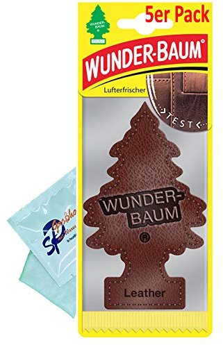 WUNDER-BAUM 5 Stück Leder Leather (ehemals Echtleder) Lufterfrischer Duftbaum Wunderbaum Original inkl. 1 x Glasreinigungstuch von SP Großhandel Gratiszugabe