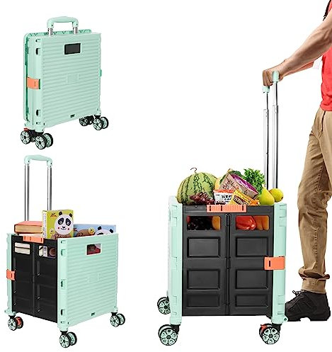 Einkaufstrolley, Klappbar Transport Trolley, Shopping Cart, Trolley mit Deckel, Faltbar Einkaufstrolley Einkaufswagen Faltbox Grün, bis 50kg, Teleskopgriff Ausziehgriff Aluminium Kunststoff