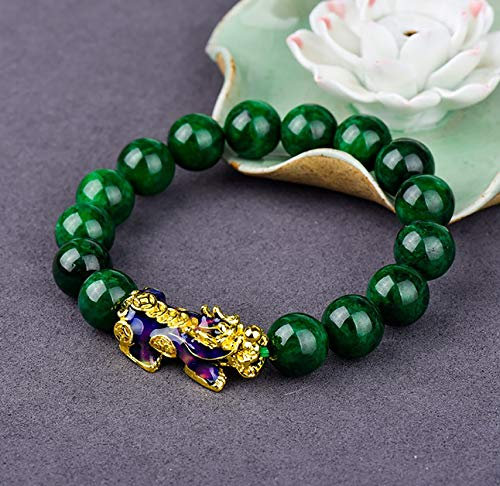 Feng Shui Farbwechsel Pixiu/Pi Yao Reichtum Armband Tian Lu Tragen Münze echt Dry grüne Jade-Stretch-Kristallarmband für das Heilen Wohlstand 12mm Chakra Edelstein-Talisman für Geld Good Luck Glück