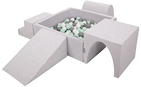KiddyMoon Spielplatz Aus Schaumstoff Mit Quadrat Bällebad (200 Bälle) Ballgruben Für Babys Spielbad Hindernisläufen, Hergestellt In Der EU, Hellgrau:Weiß/Grau/Minze