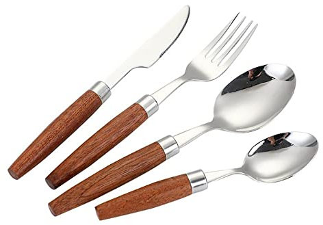 18/8 Stainless Steel Kitchen Silverware Knife Fork Spoon Wooden Handle Knife Fork Spoon Steak Knife Fork Spoon 4-Piece Set (Silver-4 Pieces)