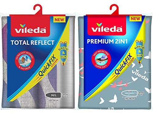 Vileda Total Reflect Telo da Stiro, Copriasse da Stiro Universale, Imbottito, con Elastico, in Tessuto & Premium 2 in 1 Copriasse da Stiro Universale, Termoriflettente, 3 Strati