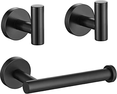 Mattschwarzes Badezimmer-Hardware-Set, Premium-Edelstahl, 3-teilig, inklusive 12,7 cm Toilettenpapierhalter und 2 Handtuch-Bademantelhalter-Haken für Badezimmer, Küche, Waschraum-Wandhalterung