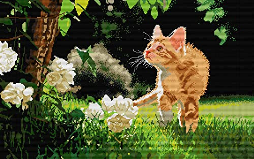 Awesocrafts Kreuzstich Stickpackungen Vorgedruckt Kätzchen auf Gras, Katze Bilder Vorlagen Sticken Set Vorgedruckt 14CT 2 Stränge