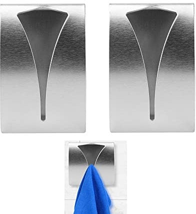 Bateya 2PCS Self Adhesive Metal Towel Holders Tea Towel Hook, Stainless Steel Hand Towel Rack for Bathroom Kitchen, Wall Mount Hook Bath Towel Hanger No Drilling Required, Silver-2pcs (BTY-B004-2)