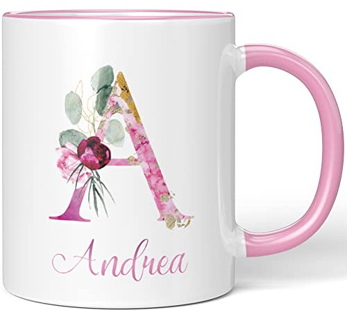 JUNIWORDS Tasse, Andrea, Name Anfangsbuchstabe Initial Alphabet Floral Buchstabe A Monogramm Motiv, Rosa (5494418)