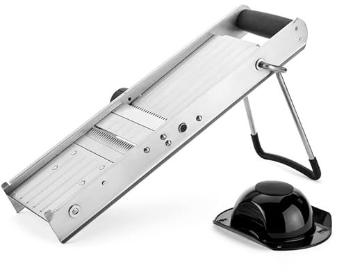 MBH - Cortador de mandolina profesional de acero inoxidable con 4 tipos de cuchillas para hostelería. Mandolina cortadora INOX para cocina industrial de bar y restaurante.