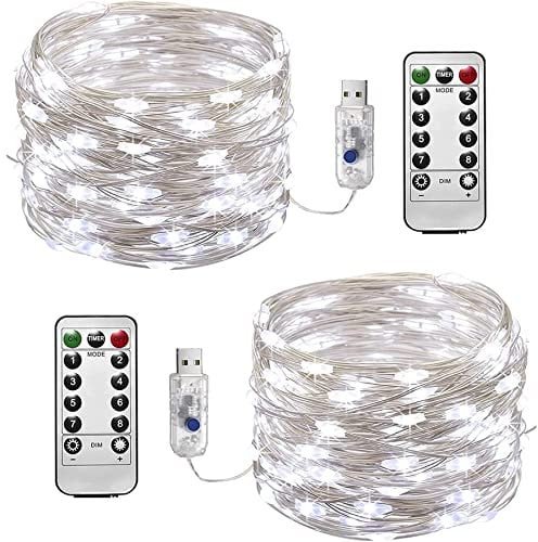 Fairy String Lights, 2 Pack 12m/39ft 120LEDs String Lights USB Plug in, 8 Mode Copper Wire Lights with Remote Control Timer for Home Indoor Bedroom Wedding Party Christmas Decorations (Cold White)