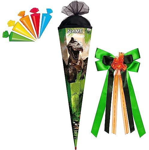 ROTH personalisiert mit Name, großer Schleife und 5 kleinen Schultüten 678771 Schultüte Tyrannosaurus 85 cm, eckig, Tüll