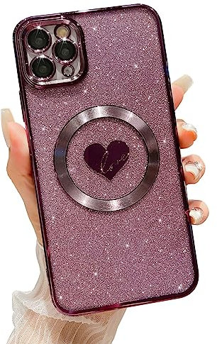 HYUEKOKO Kompatibel mit iPhone 11 Pro Max 6,5 Zoll Hülle mit Magsafe, Plating Herz Glitzer Magnetische Hülle für Frauen Mädchen TPU Kameraschutz Back Cover für iPhone 11 Pro Max Lila