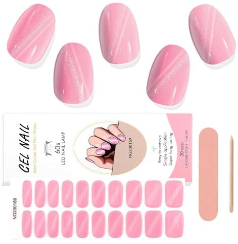 EBANKU 20PCS Gel Nail Stickers, Cat Eye Pink Gel Nail Strips Long Lasting Gel Strips for Nails UV Gel Nail Stickers with Nail File & Wooden Stick for Women Manicure
