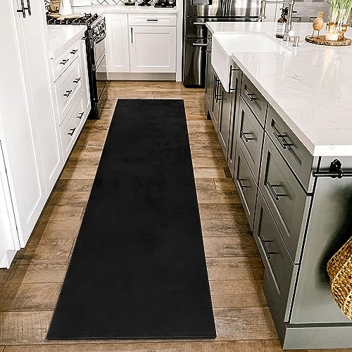HomebyHome Teppich Wohnzimmer 80x250 cm Läufer Flur Schwarz Waschbarer Hochflor Flauschiger Teppiche Moderne Design - Küchenteppich Waschbar Shaggy Extra Weich Teppich für Schlafzimmer Küchenläufer