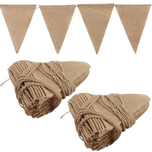 DAKFOOK 2 Pack Hessian Burlap Bunting, 30M Outdoor Linen Burlap Banner with 96 pcs Triangle Flags, Rustic Linen Bunting Flags for Birthday Wedding Outdoor Garden Decoration