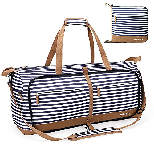 Lekesky Große faltbare Reisetasche – wasserdichte Reisetasche mit Schuhfach, Wochenend-Sporttasche für Damen und Herren, A-blau gestreift, 150L, Reisetasche
