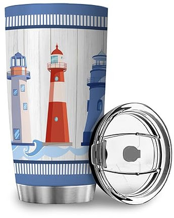 Travel Mug Lighthouse Ocean Sea Blue Coffee Mug Thermal Mug Stainless Steel Double-Walled Vacuum Cup Mug Leak-Proof Stainless Steel Mug Tea Mug