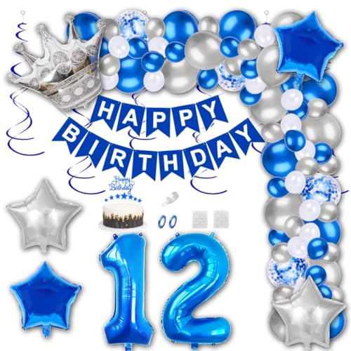 Aabellay 12 Jahre Geburtstag Dekorationen Blau Geburtstagsdeko Happy Birthday Banner Silber Konfetti Luftballons Nummer Folienballons Krone Stern Mylar Foil Ballon Tortendeko für Mann Frauen