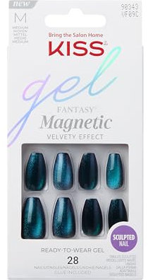 KISS Gel Fantasy Chameleon Blau, mittellange Mandel Coffin Form - 28 Press On Kunst-Nägel in Salonqualität zum Aufkleben DIY, 2g Nagelkleber, 1 Maniküre-Stäbchen, 1 Mini-Feile