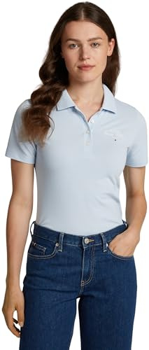 Tommy Hilfiger Damen Poloshirt Kurzarm Script Graphic Slim Fit, Blau (Breezy Blue), S