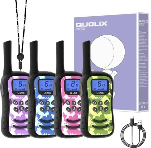 QUOLIX Walkie Talkie Kinder Aufladbar, USB-C LED Taschenlampe + 99 Passwörter, 8 Kanäle, 3-12 Jahre Geschenk Junge Mädchen (24h Akku, Outdoor Camping), 4er Pack (Rosa Grün Blau Lila)